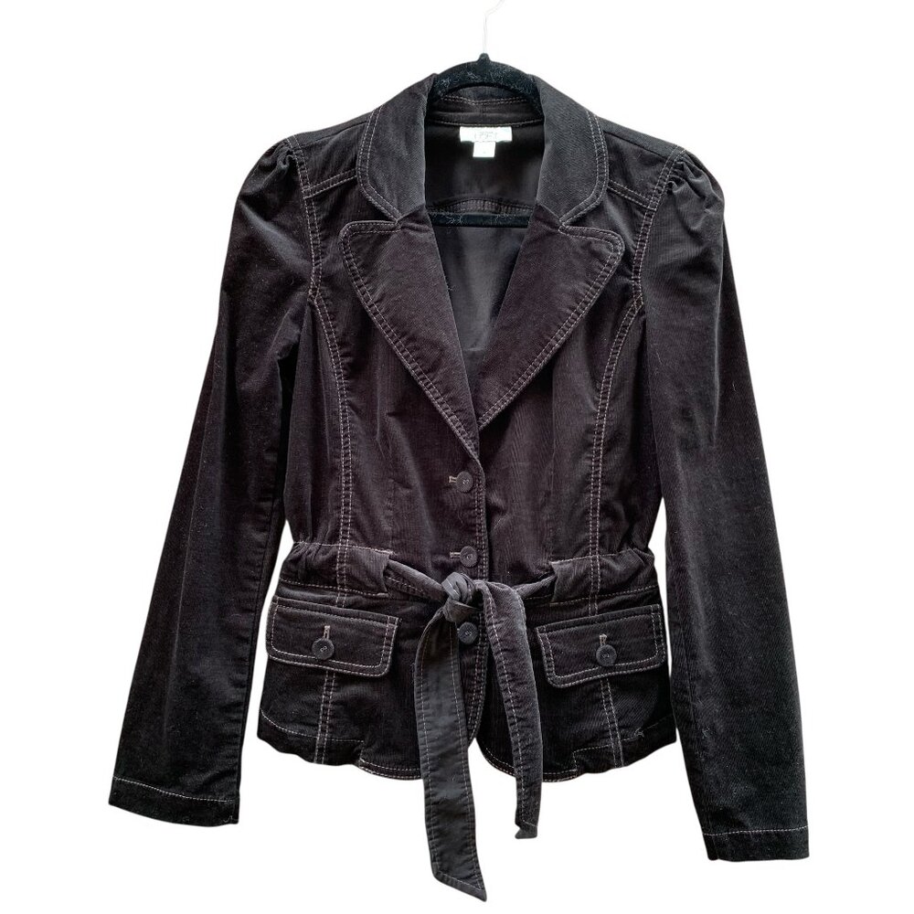Ann Taylor Loft Black Corduroy Tie Waist & Button Jacket Womens Size 8